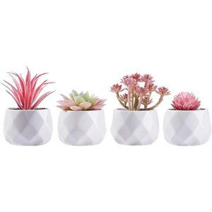 Small Fake Women Desk Plant  Artificial Faux Succulents in White Ceramic Pots